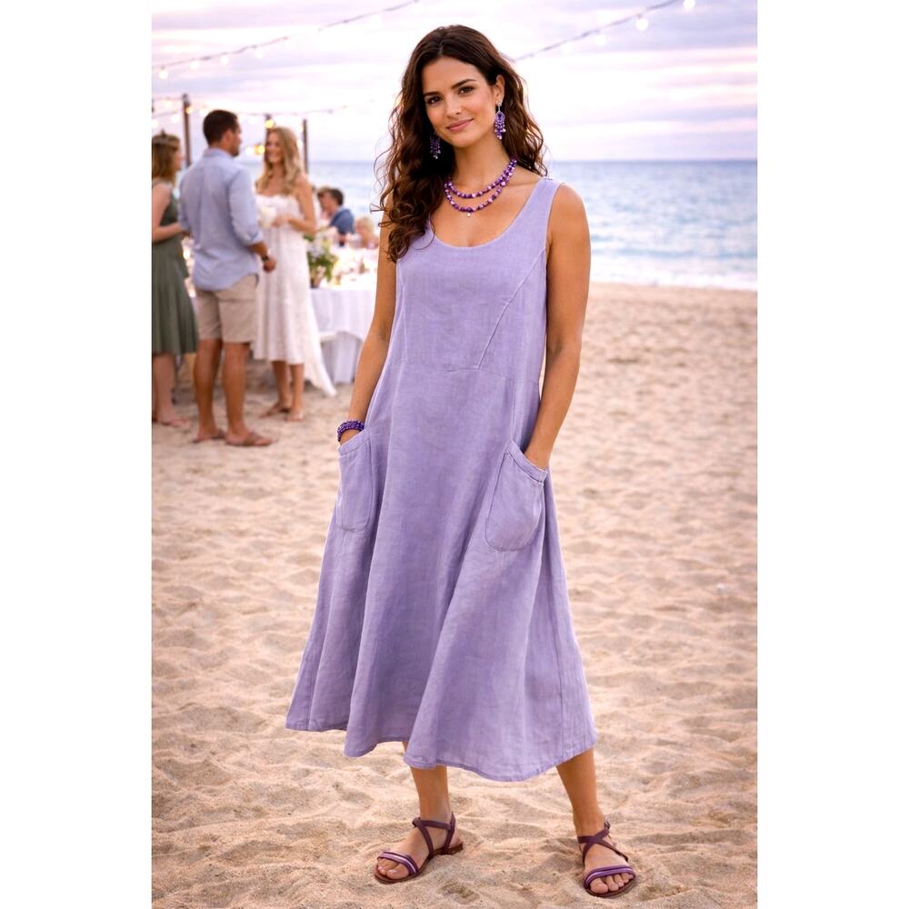 Sleeveless 100% Cotton Midi Dress with Pockets Violet size 8/10